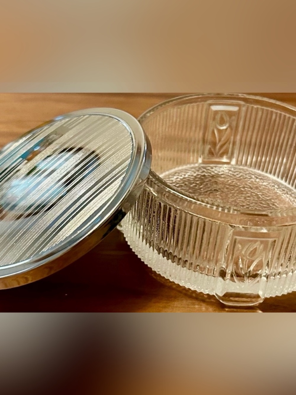 Vintage  Glass Trinket Box 
Silver Tone Lid  Monogram Vanity Jewelry Dish